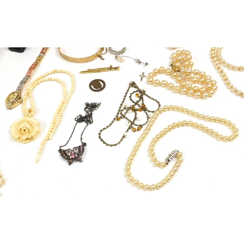 3733 - Costume jewellery including a simulated pearl necklace with silver gilt clasp, ivory necklace, gold ... 