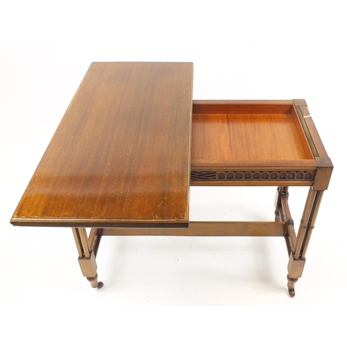 1507 - Liberty & Co style  mahogany folding card table, 76cm H x 92cm W x 45 cm D when closed