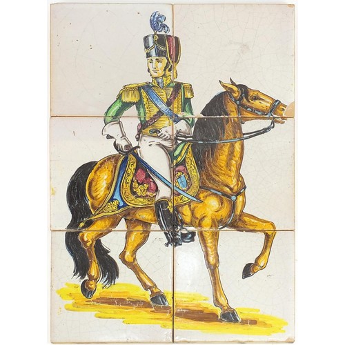 447 - 19th century Maiolica six tile panel hand painted with a soldier on horseback, overall 42cm x 28cm, ... 