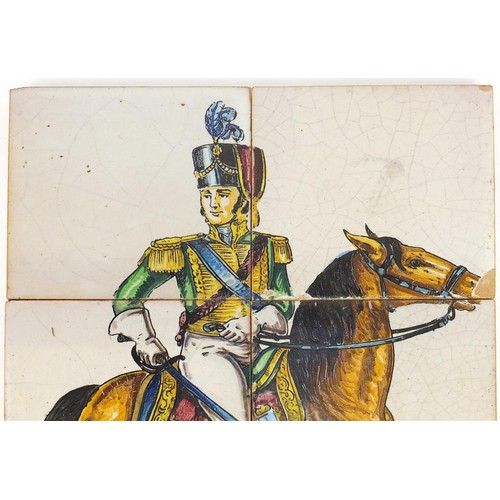 447 - 19th century Maiolica six tile panel hand painted with a soldier on horseback, overall 42cm x 28cm, ... 