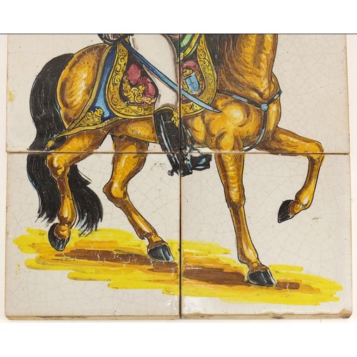 447 - 19th century Maiolica six tile panel hand painted with a soldier on horseback, overall 42cm x 28cm, ... 