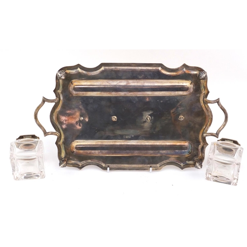 3059 - Thomas Bradbury & Sons, Edward VII silver desk stand  with a pair of heavy cut glass inkwells, raise... 