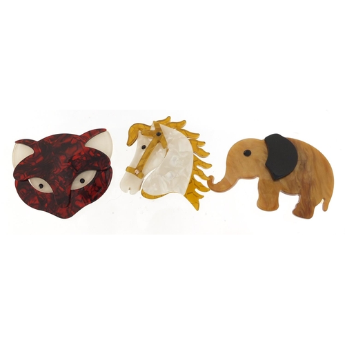 2382 - Three Art Deco design brooches comprising cat's head, elephant and horse head designs, 6.5cm in leng... 