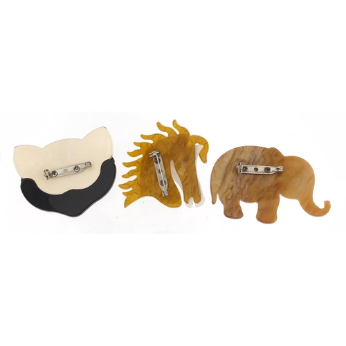 2382 - Three Art Deco design brooches comprising cat's head, elephant and horse head designs, 6.5cm in leng... 