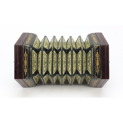 531 - Lachenal & Co, 19th century rosewood 48 button concertina with foliate metal inlay and tooled leathe... 