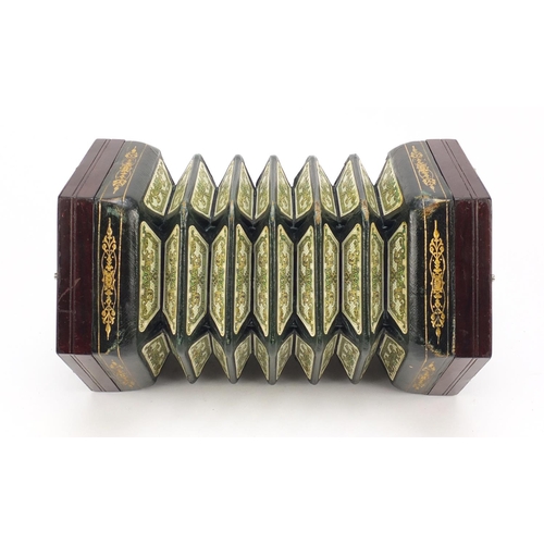 531 - Lachenal & Co, 19th century rosewood 48 button concertina with foliate metal inlay and tooled leathe... 