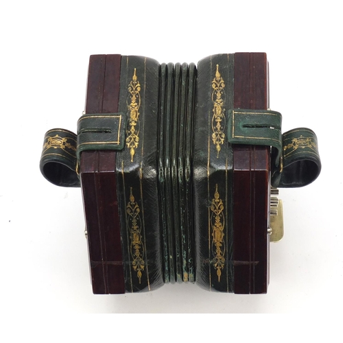 531 - Lachenal & Co, 19th century rosewood 48 button concertina with foliate metal inlay and tooled leathe... 