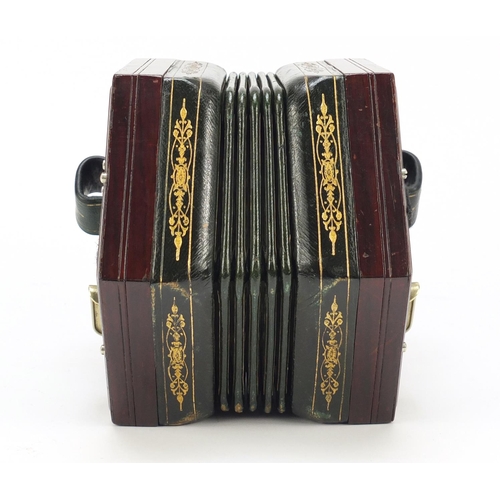 531 - Lachenal & Co, 19th century rosewood 48 button concertina with foliate metal inlay and tooled leathe... 