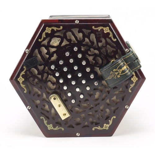 531 - Lachenal & Co, 19th century rosewood 48 button concertina with foliate metal inlay and tooled leathe... 