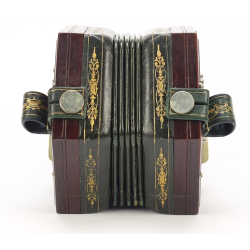 531 - Lachenal & Co, 19th century rosewood 48 button concertina with foliate metal inlay and tooled leathe... 