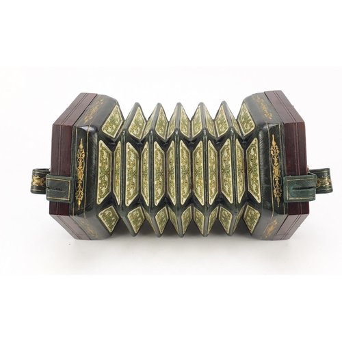 531 - Lachenal & Co, 19th century rosewood 48 button concertina with foliate metal inlay and tooled leathe... 