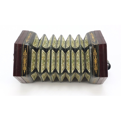 531 - Lachenal & Co, 19th century rosewood 48 button concertina with foliate metal inlay and tooled leathe... 