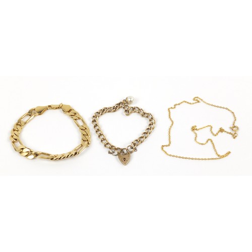 2358 - Gentlemen's gold plated Figaro link bracelet, bracelet with rolled gold love heart padlock and a gol... 