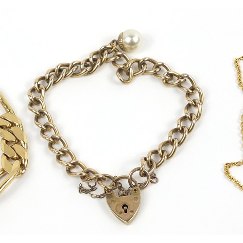 2358 - Gentlemen's gold plated Figaro link bracelet, bracelet with rolled gold love heart padlock and a gol... 