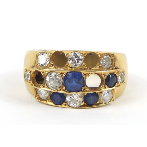 2402 - Unmarked gold diamond and sapphire ring, size Q, 10.3g