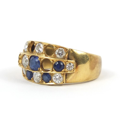 2402 - Unmarked gold diamond and sapphire ring, size Q, 10.3g