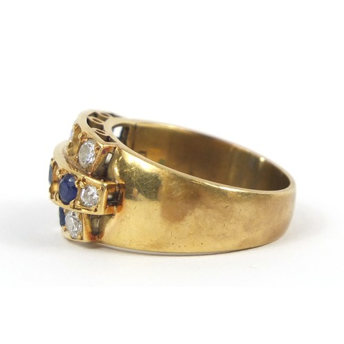 2402 - Unmarked gold diamond and sapphire ring, size Q, 10.3g