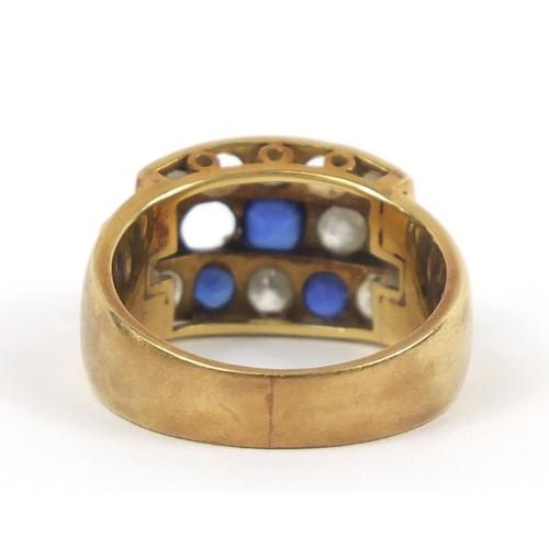 2402 - Unmarked gold diamond and sapphire ring, size Q, 10.3g