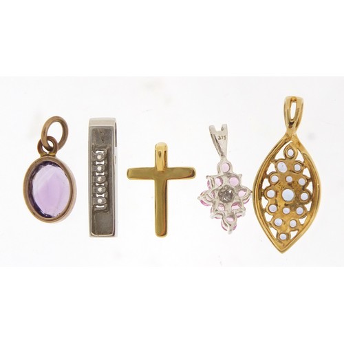 2337 - Five 9ct gold pendants, set with semi precious stones, the largest 2.5cm high, total 5.6g