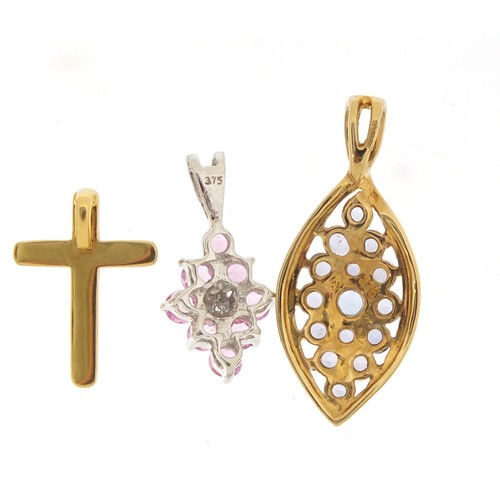 2337 - Five 9ct gold pendants, set with semi precious stones, the largest 2.5cm high, total 5.6g