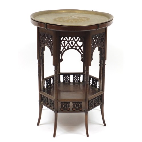1513 - Liberty & Co, Moorish mahogany tea table with undertier and ornate brass lift out tray decorated wit... 