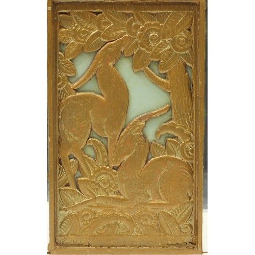 1537A - Art Deco Rowley Gallery style wall mirror with central panel carved with two stylised deer amongst t... 