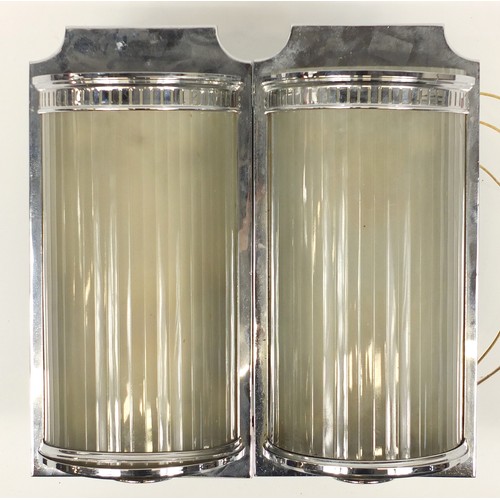 1504 - Pair of Art Deco design chrome wall lights with glass shades, each 47cm high x 24cm wide