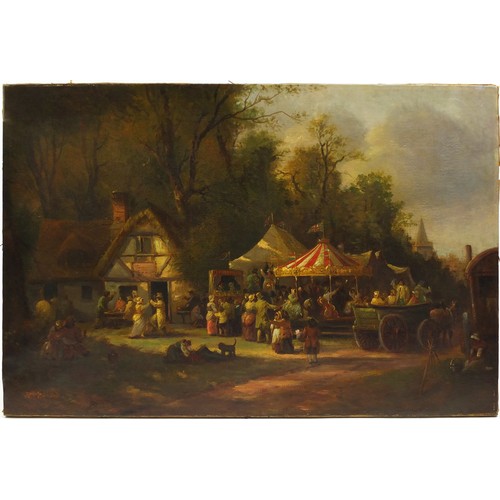 36 - Town fête with Punch and Judy and a carousel, Victorian oil on canvas, unframed, 76.5cm x 51.5cm