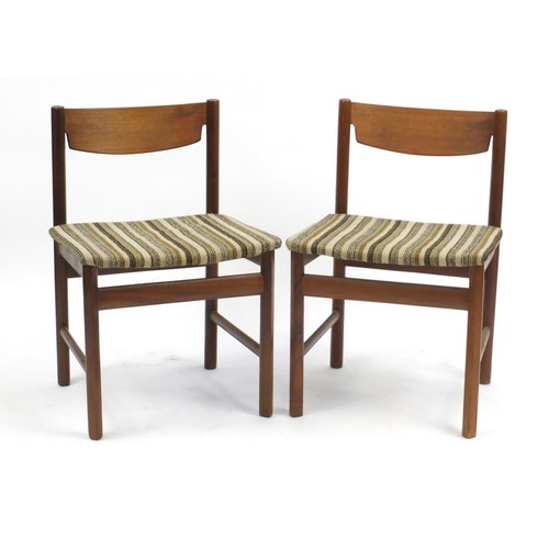 1518 - Pair of vintage teak chairs with striped upholstered seats, possibly Scandinavian, 75cm high