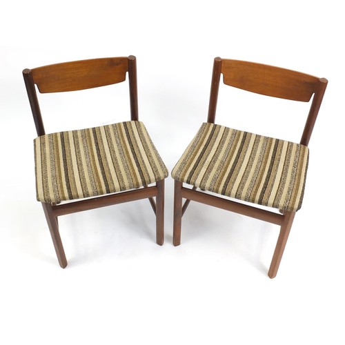 1518 - Pair of vintage teak chairs with striped upholstered seats, possibly Scandinavian, 75cm high