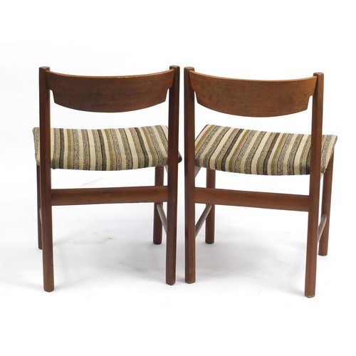 1518 - Pair of vintage teak chairs with striped upholstered seats, possibly Scandinavian, 75cm high