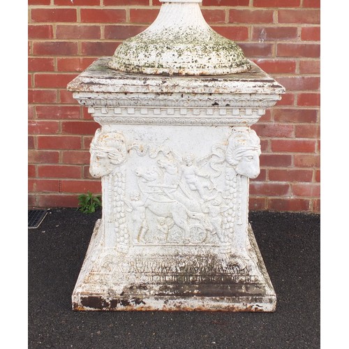1468 - Very large cast iron Campana shaped urn and cover on stand with twin handles raised on square plinth... 