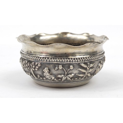 3077 - Burmese silver coloured metal bowl, embossed with figures in a landscape, 5cm high x 10.5cm in diame... 