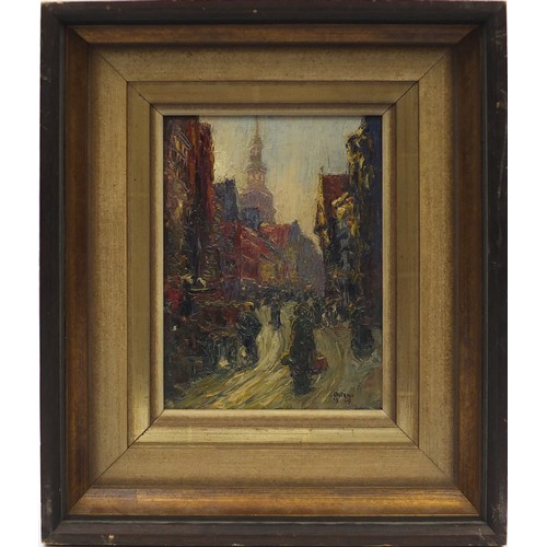 1462 - Busy street scene, Impressionist oil on board, bearing an indistinct signature, possibly Oster? and ... 