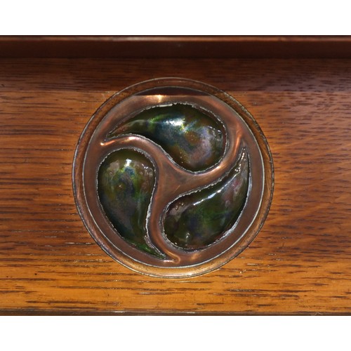 1450 - Liberty & Co, Arts & Crafts oak sideboard with embossed copper panels and Ruskin type cabochon round... 