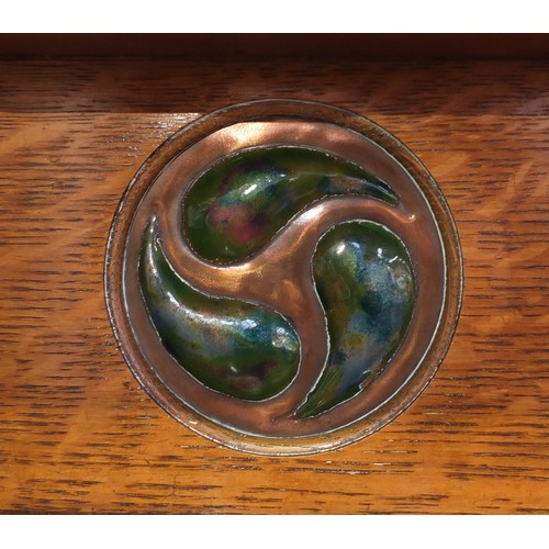 1450 - Liberty & Co, Arts & Crafts oak sideboard with embossed copper panels and Ruskin type cabochon round... 