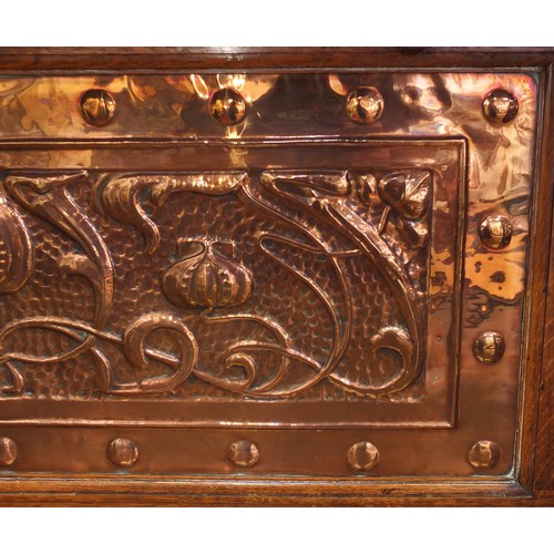 1450 - Liberty & Co, Arts & Crafts oak sideboard with embossed copper panels and Ruskin type cabochon round... 