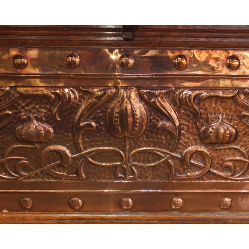 1450 - Liberty & Co, Arts & Crafts oak sideboard with embossed copper panels and Ruskin type cabochon round... 