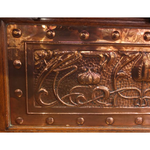 1450 - Liberty & Co, Arts & Crafts oak sideboard with embossed copper panels and Ruskin type cabochon round... 