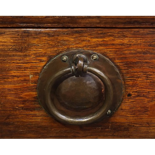 1450 - Liberty & Co, Arts & Crafts oak sideboard with embossed copper panels and Ruskin type cabochon round... 