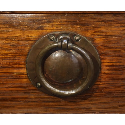 1450 - Liberty & Co, Arts & Crafts oak sideboard with embossed copper panels and Ruskin type cabochon round... 