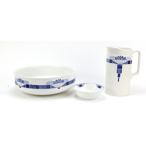 3796 - Sarreguemines wash jug, bowl and two others, the largest 32cm in diameter