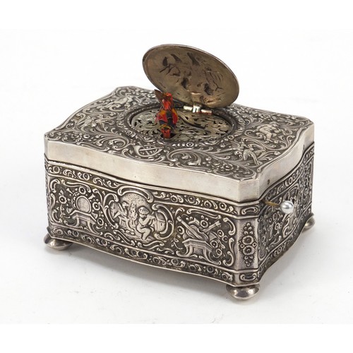 527 - Swiss sterling silver automaton musical bird box with key, probably by Karl Griesbaum, of serpent fo... 