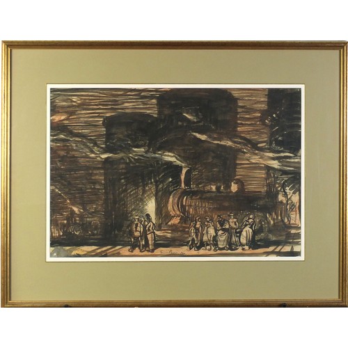 34 - Sir Frank Brangwyn - Gasometers Petroleums, ink and watercolour, mounted, framed and glazed, 54.5cm ... 
