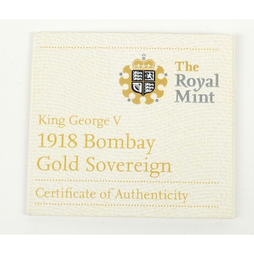 24 - George V 1918 gold sovereign, Bombay mint, with box and with certificate - this lot is sold without ... 
