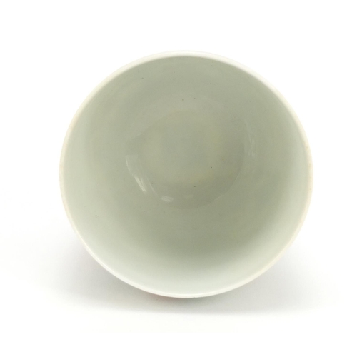 220 - Chinese doucai porcelain tea cup, hand painted with a young boy and chicken, calligraphy to the reve... 