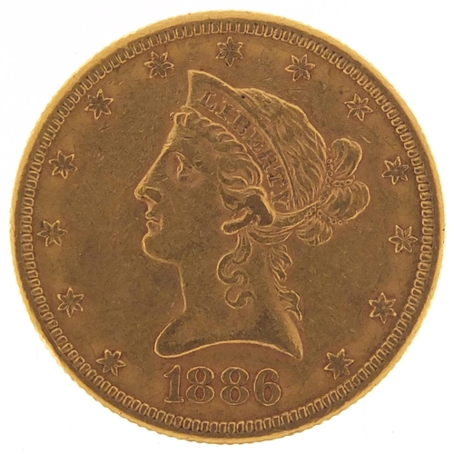 65 - United States of America 1886 gold ten dollars, Liberty head to the reverse, 17.5g - this lot is sol... 