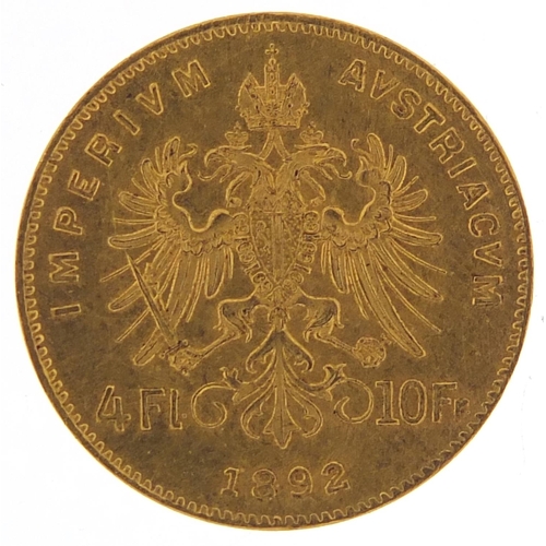 48 - Austrian 1892 gold ten Francs four Florins, 3.2g - this lot is sold without buyer’s premium, the ham... 