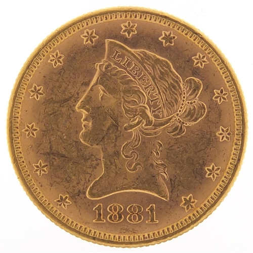 90 - United States of America 1881 gold ten dollars, Liberty head to the reverse, 17.5g - this lot is sol... 