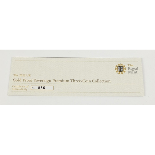 115 - United Kingdom 2012 gold proof sovereign Premium three coin collection with box and certificate numb... 